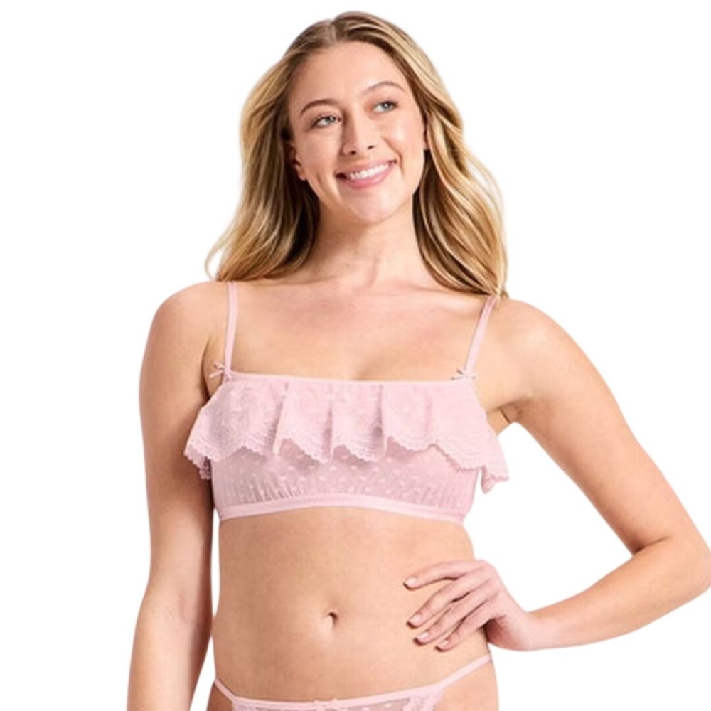 Wild Fable Women's Adjustable Pink Heart Lace and Mesh Ruffle Bralette Size L